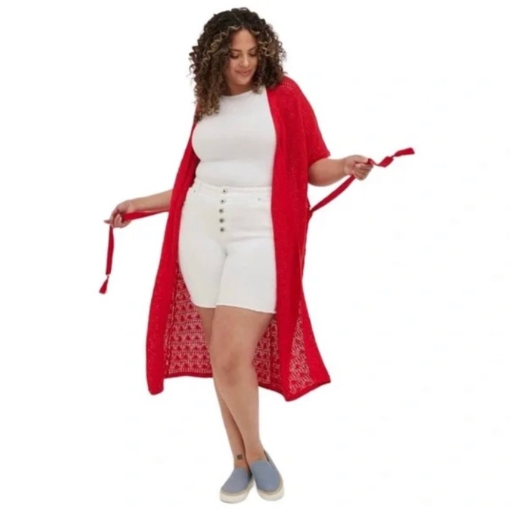 Torrid Red Crochet Short Sleeve Longline Duster Cardigan Sweater Size 5X 6X